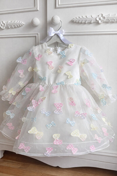 Mira Kız Bebek Tüllü Fiyonk Detaylı Elbise – Beyaz