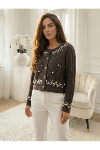 UniqueStore.ro Elegant brown cardigan with buttons and pearl applications