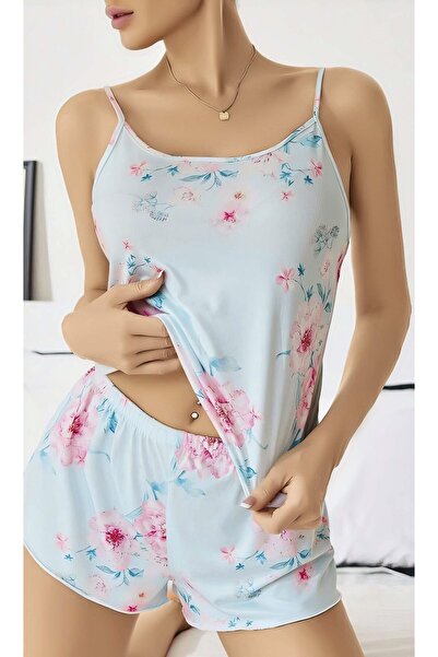 İntive Lingerie Women's Baby Blue Floral Patterned Suspender Shorts Pajama Se...