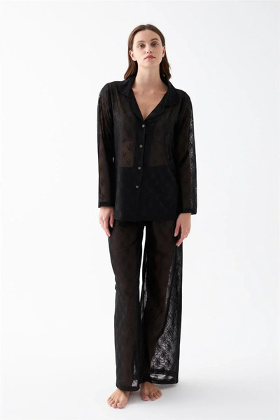 Generic Brand Women's Black Transparent Jacquard Buttoned Pajama Set Mery Woman