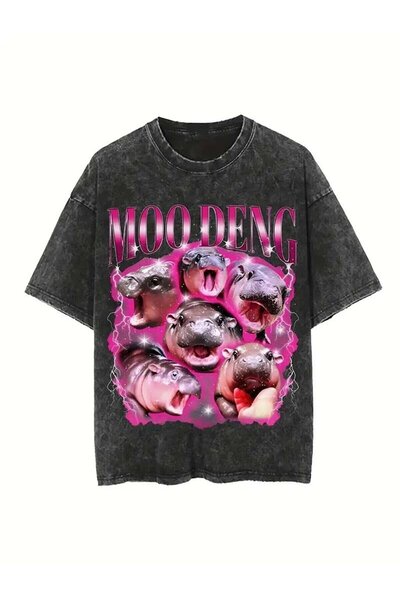 Le Savu Πλένεται Moo Deng Printed Unisex Oversize Vintage T-shirt