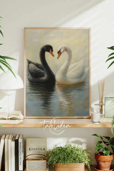 tablodea Aşk Temalı Vintage Dekoratif Siyah Beyaz Kuğu Tablosu TD Çerçeveli P...