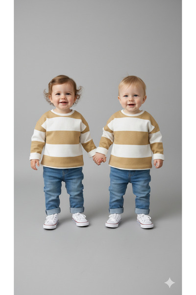 BabyDia Çizgili Oversize Yırtmaçlı Uzun Kollu T-shirt