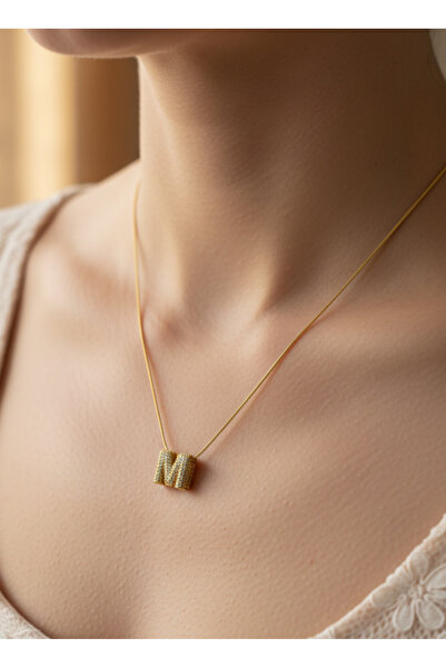 GKCBijoux 316L Çelik Gold Renk Zirkon Taşlı M Harf Kolye - Kişiye Özel İsim B...