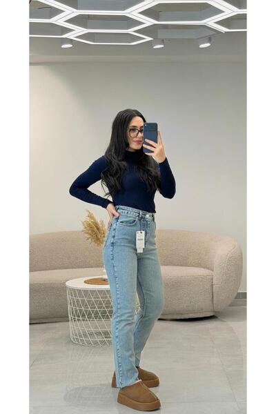 Kesik Paça Yüksek Bel Boy Fit Jean Pantolon Kar Yıkama Mavi