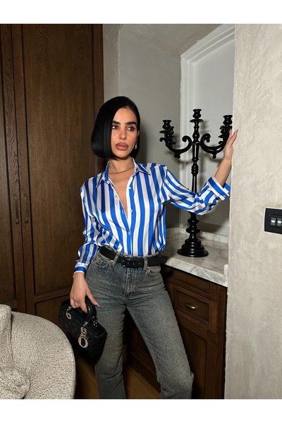 MEECY Multi-Colored Vertical Striped Premium Satin Shirt - Retro Chic Design