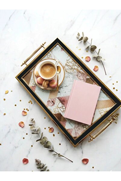 Le Paon صينية تقديم فاخرة بتصميم رخامي ومقبض ذهبي - صينية قهوة عصرية بتصميم ه...