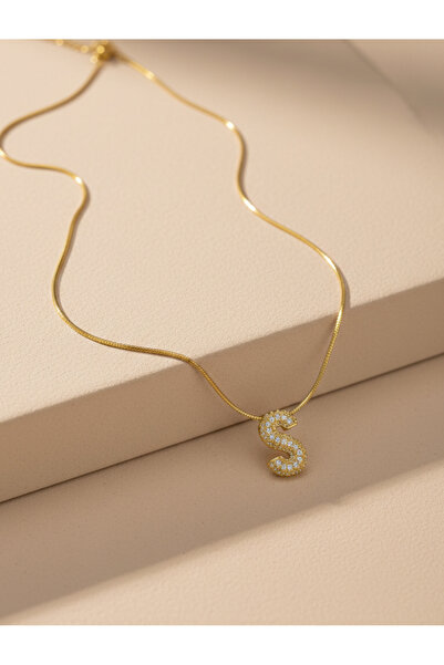 GKCBijoux 316L Çelik Gold Renk Zirkon Taşlı S Harf Kolye - Kişiye Özel İsim B...