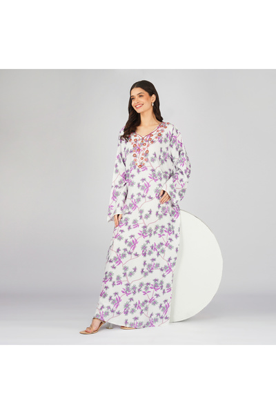 LINELLE White Lavender Floral Printed Jalabiya with Embroidered Neckline