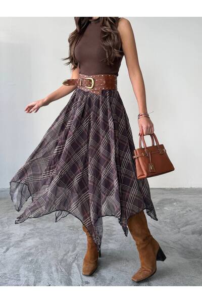 BE CHİC Women's Chiffon Fabric Interlining Asymmetric Cut Midi-Length Plaid S...