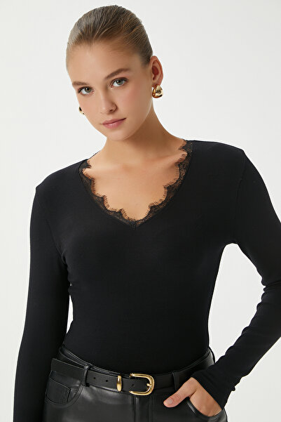 Ritnice Women's Biana Lace Stripe Lux Touch Soft Textured Black Blouse