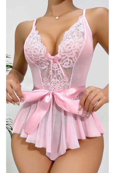 İntive Lingerie Γυναικείο νυχτικό με δαντέλα με ζώνη 2118