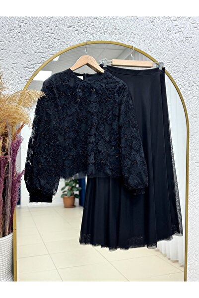 MİHRA STORE Hacer Tulle Set with Stone Roses and Skirt-Ge799 Black