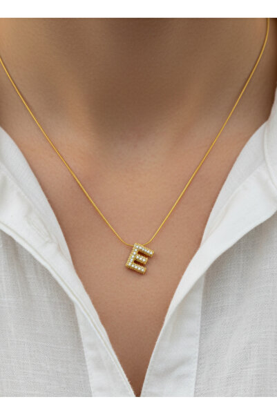 GKCBijoux 316L Çelik Gold Renk Zirkon Taşlı E Harf Kolye - Kişiye Özel İsim B...