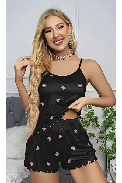 İntive Lingerie Women's Black Heart Patterned Suspender Shorts Nightgown Set ...
