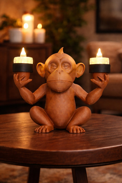 3D Ahşap Dokulu Maymun Şamdan – 2’li LED Mumlu Dekoratif Aydınlatma