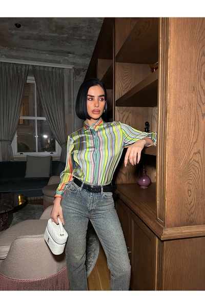 MEECY Multi-Colored Vertical Striped Premium Satin Shirt - Retro Chic Design