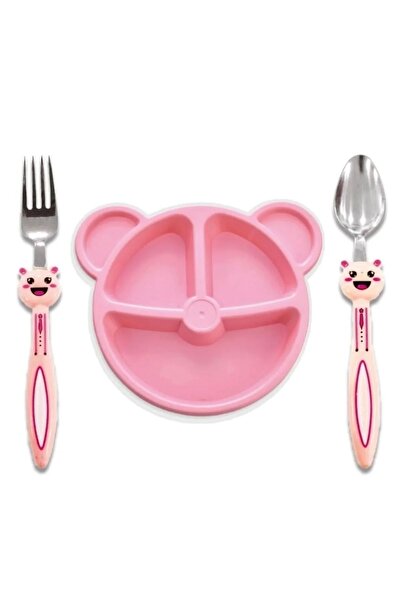 MorOflan Lüx 3 Parça Tavşan Figürlü Çocuk Çatal Kaşık Ve Mama Tabağı Seti [ P...