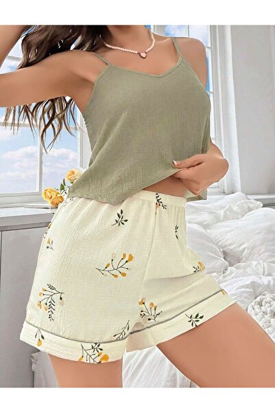 İntive Lingerie Women's Ecru Floral Printed Shorts Nightgown Pajama Set 5099