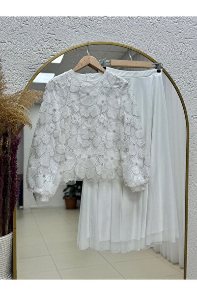 MİHRA STORE Hacer Tulle Set with Stone Roses and Skirt-Ge799 White