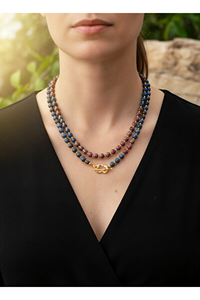 elinasaccessories Doğal Taş Akik Kolye Kadın Bordo Mavi 14 Ayar Altın Kaplama...