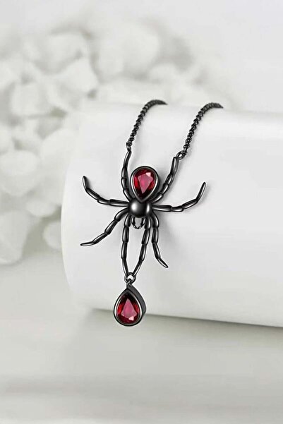 Karakedi قلادة عنكبوت قوطية من الحجر الأسود والأحمر