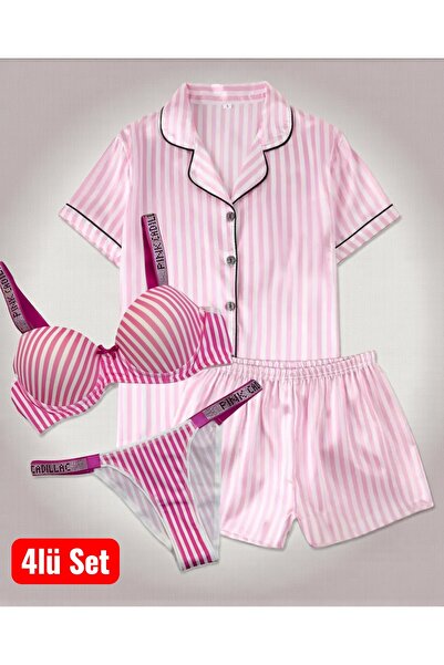 VİP SECRET Set of 4 - Satin Shorts Set and Bra Set, Special Gift for Valentin...