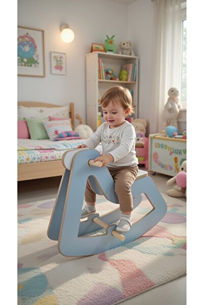 Muall Collection حصان هزاز من الخشب الطبيعي (أزرق فاتح) لعبة نشاط لغرفة الأطف...