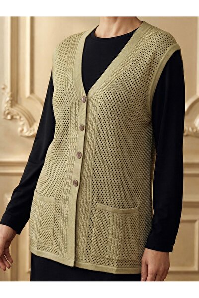 tiriTEK TRİKO Mercerized Hair Knitted Patterned Mother's Vest / Cream