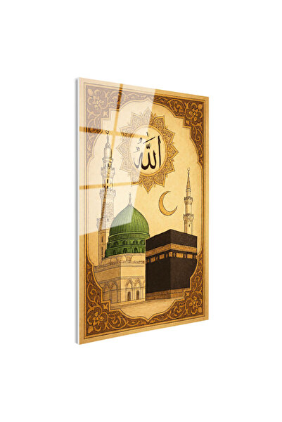 Tablofest Tamperli Gerçek Cam Tablo Kabe ve Mescidi Nebevi Yeşil Kubbe Dini İ...