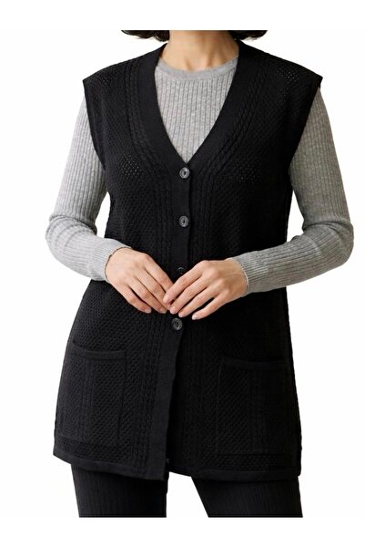 tiriTEK TRİKO Vestă pentru mamă cu model tricotat din păr mercerizat / Negru