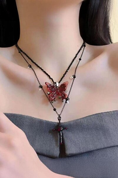 Karakedi Black Beaded Double Red Butterfly Cross Detailed Necklace