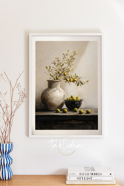 tablodea Pictură de bucătărie cu tematică vintage cu măsline, stil natură moa...