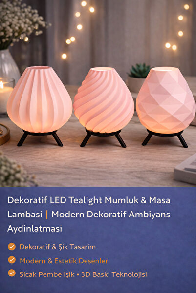 edoy Dekoratif LED Tealight Mumluk | Şık Geometrik Masa Lambası | Sıcak Pembe...
