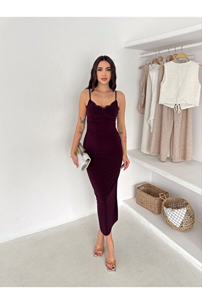 MERİKA ELEGANCE Dantel Detaylı Esnek Sandy Kumaş Uzun Elbise