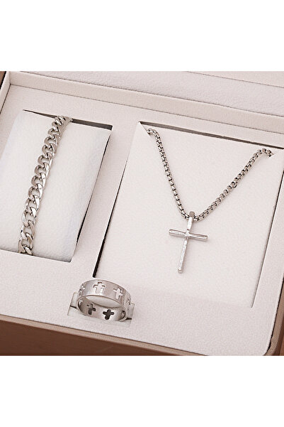 Kracer Cross Necklace, Bracelet and Cross Ring Set Silver, Stainless Steel