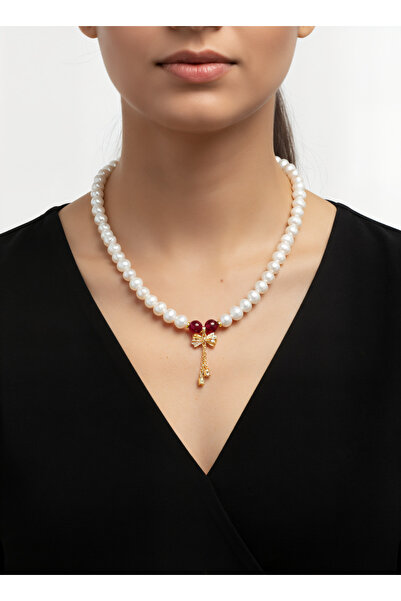 elinasaccessories Kadın Bohem Etnik İnci Kolye 14 Ayar Altın Kaplama Akik Yak...