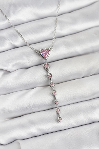 shopwave 316L Çelik Zincir Gümüş Renk Pembe Kalp Kadın Kolye
