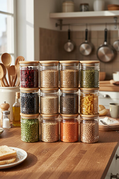 Amandus Miva - 12-Piece Glass Storage Jar with Bamboo Lid Bamboo Airtight Vac...