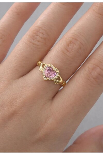 KANERUZ Gold Color Pink Heart Figured Stone Detailed Adjustable Ring