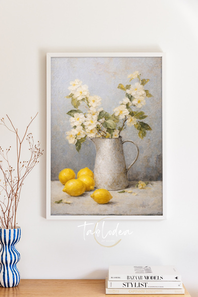 tablodea Pictură în ulei în stil artistic, cu ulcior cu flori și design cu lă...