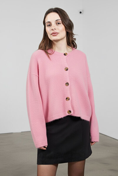 mahira collection Pink Crew Neck Buttoned Women's Fleece-Lined Knitwear Cardigan