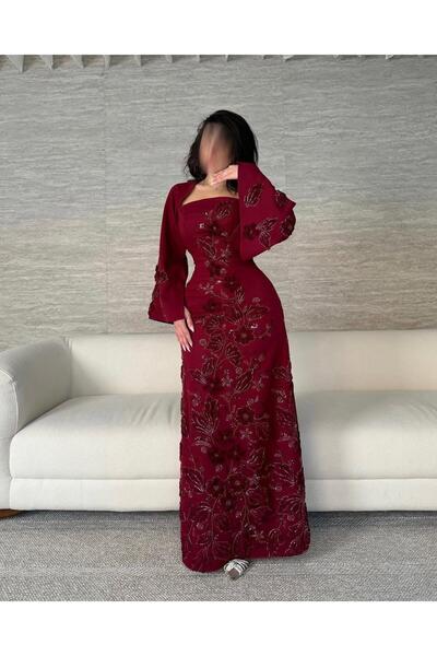 Azyaa Al-Amira فستان سهرة عنابي (برغندي) مطرز بالورود ثلاثية الأبعاد وأكمام ك...