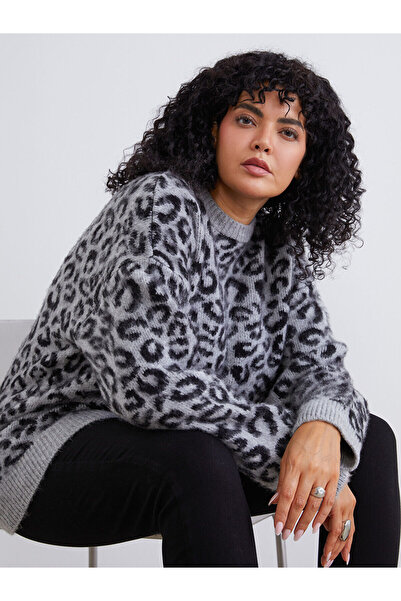 LC Waikiki Peak Yeni Sezon Büyük Beden Leopar Desenli Kadın Triko Kazak