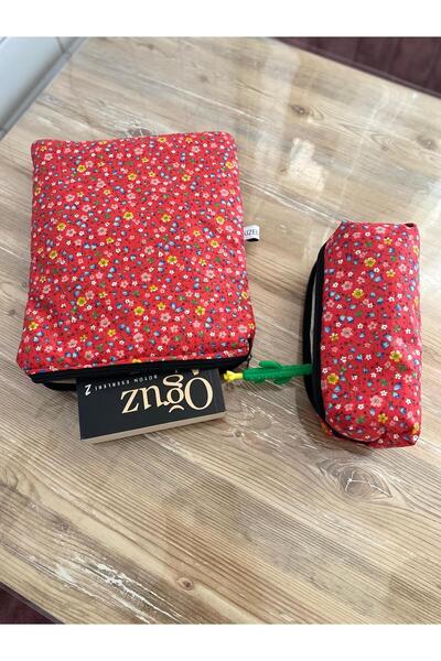 Handmade Elyaflı Kırmızı Çiçekli Kitap Kılıfı + Kalemlik Seti & Hediyelik El ...