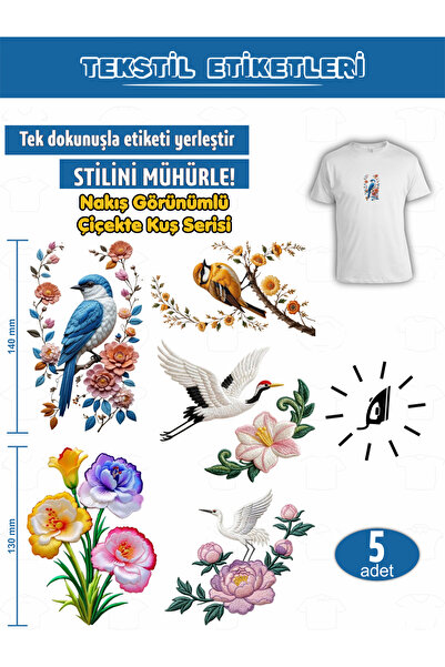 AGG Reklam Iron-On Clothing Labels with Embroidery Look, Bird on a Flower Ser...