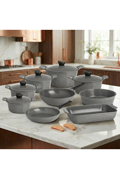 Jewel Grey 16 Piece Granite Ceramic Non-Stick Cookware Set with Lids – Non St...