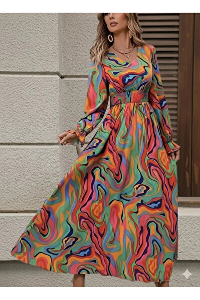 nedo7 فستان نسائي طويل الأكمام بياقة على شكل حرف V ونقشة ماكسي من قماش السوبرم