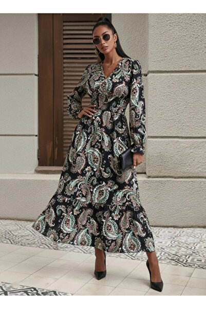 nedo7 فستان ماكسي نسائي طويل الأكمام بأزرار على الجهتين بياقة مطاطية عند الخص...