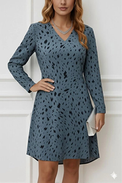 nedo7 Women's Long Sleeve V Neck Print Short Linen Dress